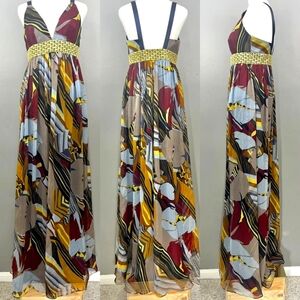 Laundry By Shelli Segal Blue & Gold 100% Silk Multi Color Maxi Dress Size 4 NWT